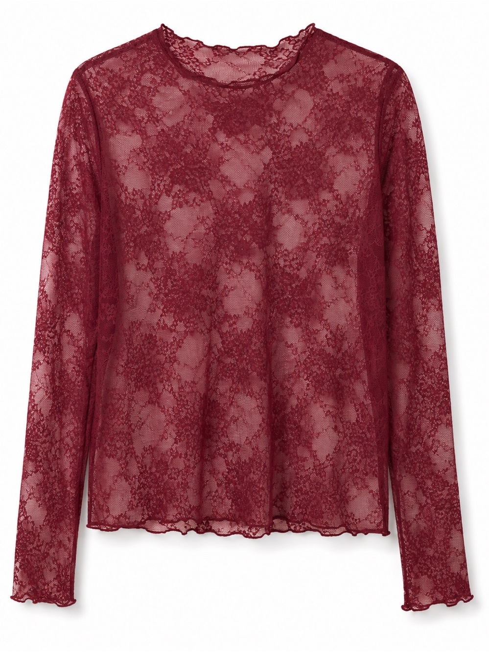 Sheer Lace Long-Sleeve Blouse in Wine